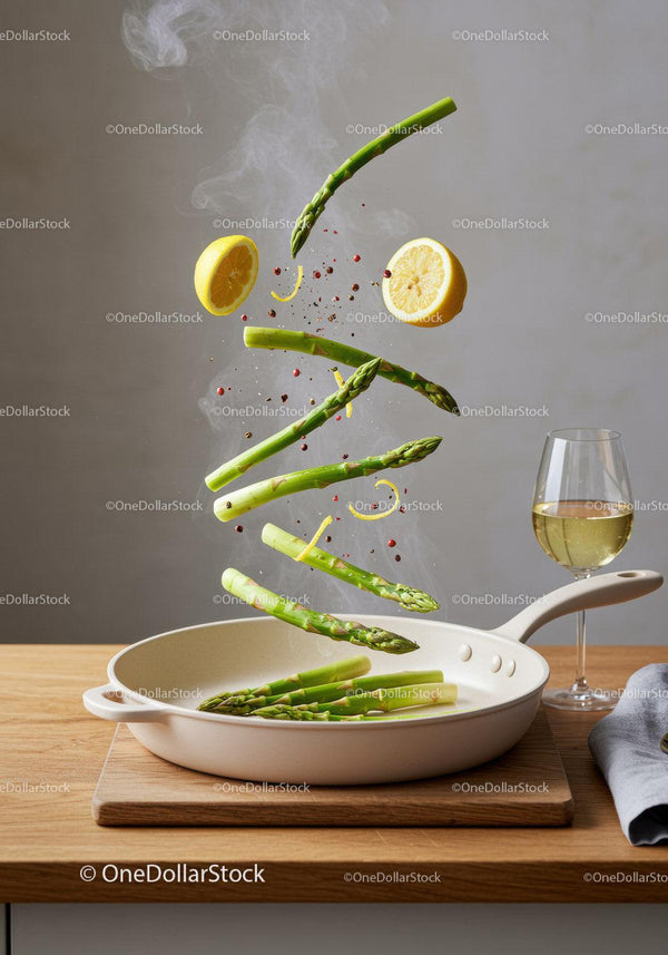 Fresh asparagus and lemon slices sizzling in pan