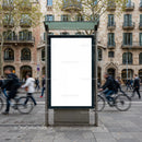 Blank urban billboard on bustling city sidewalk