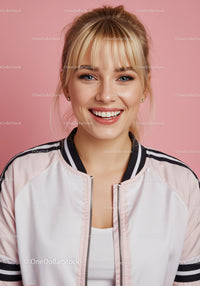 Cheerful Young Woman with Blonde Hair in Casual Jacket on Pink Background