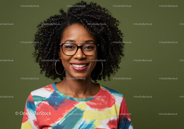 Portrait of a Smiling African American Woman with Curly Hair and Glasses
