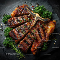 Grilled Beef Ribs with Fresh Green Herbs on Plate