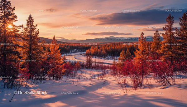 Winter forest bathed in golden sunset light