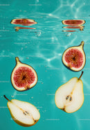 Fresh fig and pear slices floating in clear water