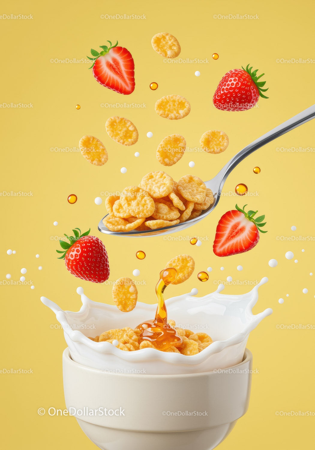 Cereal flakes and strawberries splash with milk and honey