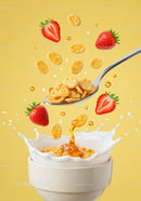 Cereal flakes and strawberries splash with milk and honey