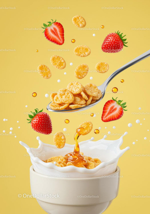 Cereal flakes and strawberries splash with milk and honey