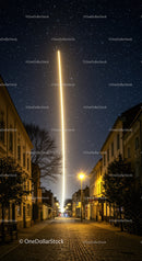 Night Sky Rocket Launch with Bright Stellar Trail Over Urban Street