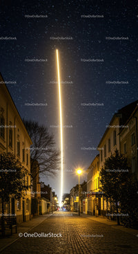 Night Sky Rocket Launch with Bright Stellar Trail Over Urban Street