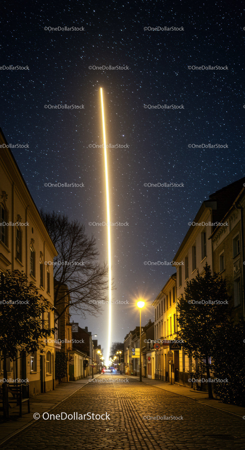 Start rakiety w nocnym niebie z jasnym śladem gwiazd nad ulicą miejską