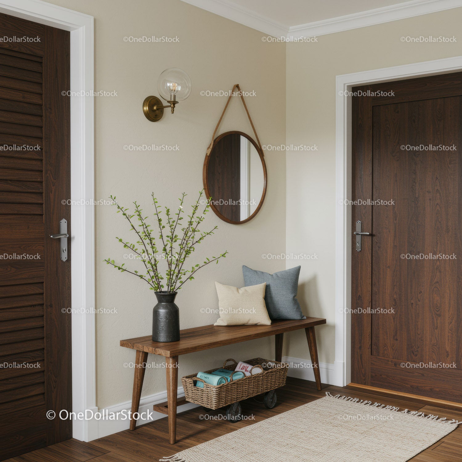 Elegant Home Entrance with Wooden Door and Decorative Mirror