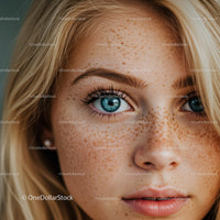 Close up portrait of young woman with natural freckles