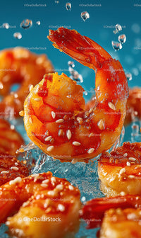 Juicy Orange Shrimp Splashing in Water with Water Splash