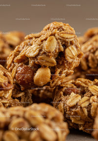 Close-up of crunchy oat and nut granola clusters