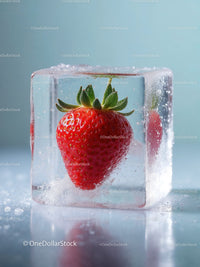 Fresh strawberry enclosed in a perfect ice cube