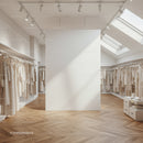 Minimalist fashion boutique with neutral tone clothing