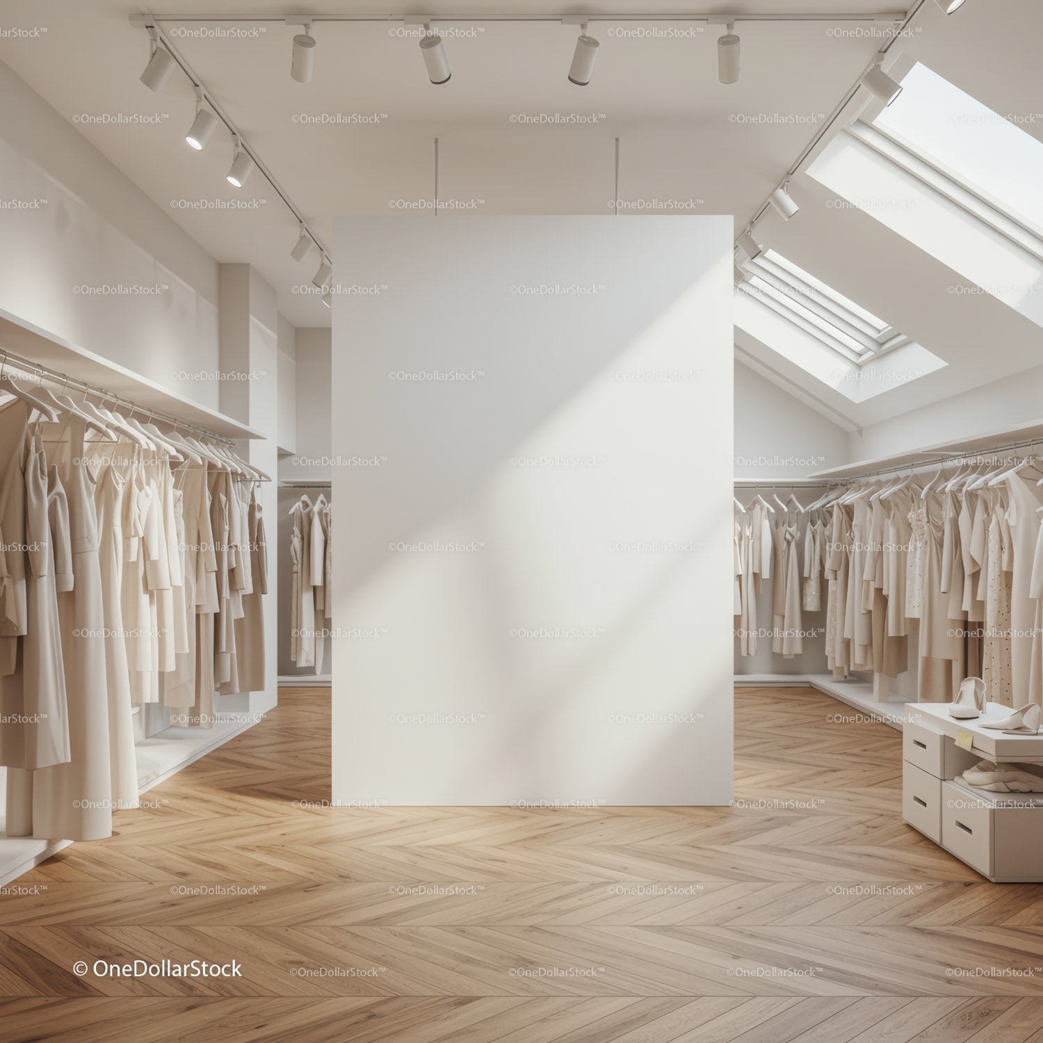 Minimalist fashion boutique with neutral tone clothing