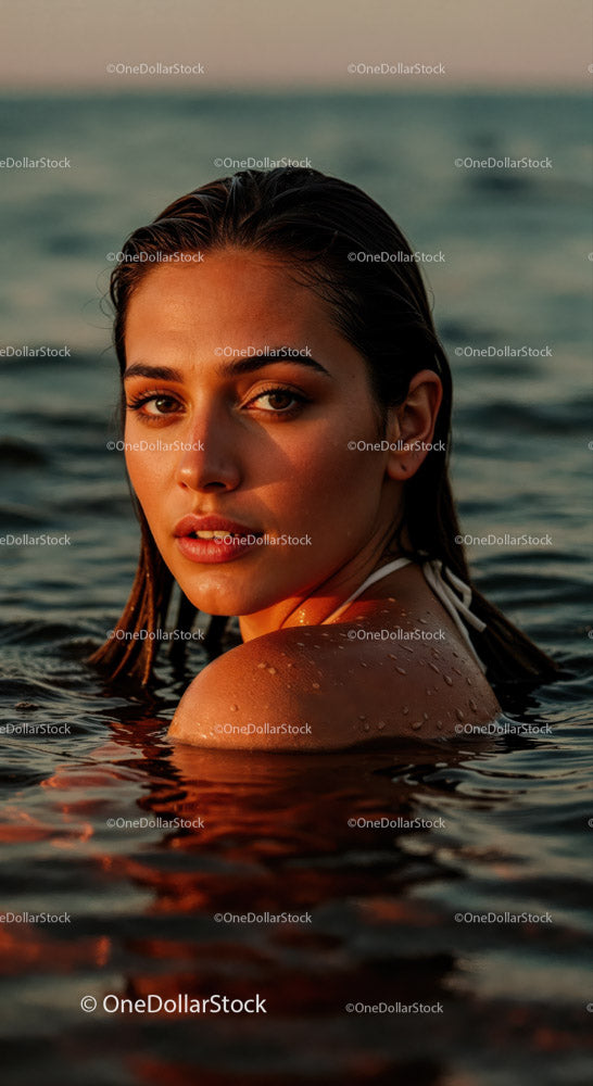 Portrait of a Young Woman Swimming in Ocean During Sunset