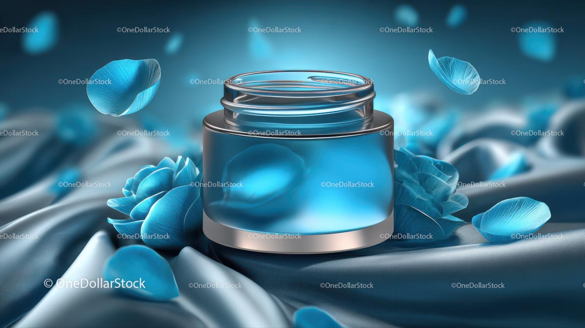Elegant Blue Cosmetic Jar Among Delicate Petals
