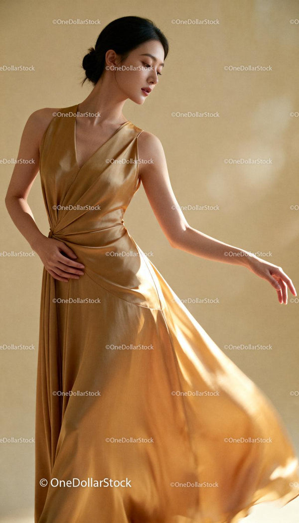 Elegancka kobieta w zwiewnej złotej sukni