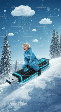 Child sledding down snow hill on glowing USB stick