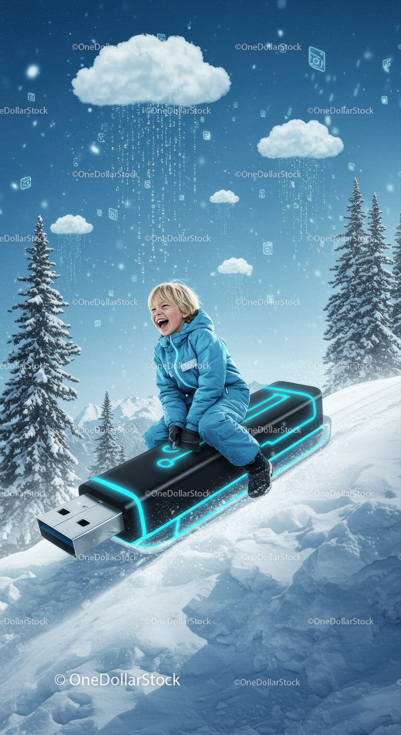 Dziecko zjeżdżające na sankach ze śnieżnego wzgórza na świecącym pendrive