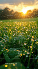 Glistening Dew on Fresh Green Grass with Sunrise Light