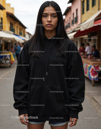 Fashionable Woman Wearing Black Hoodie in Urban City Street