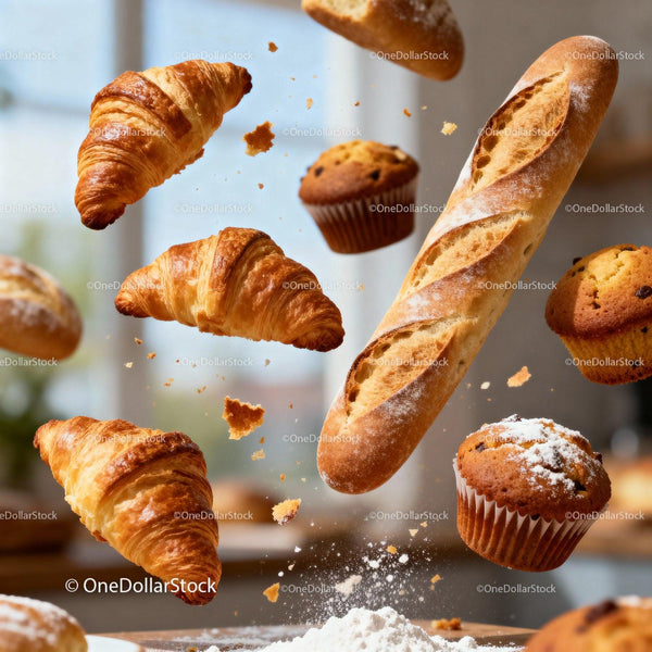 Freshly Baked Pastries Floating Over Flour Dust
