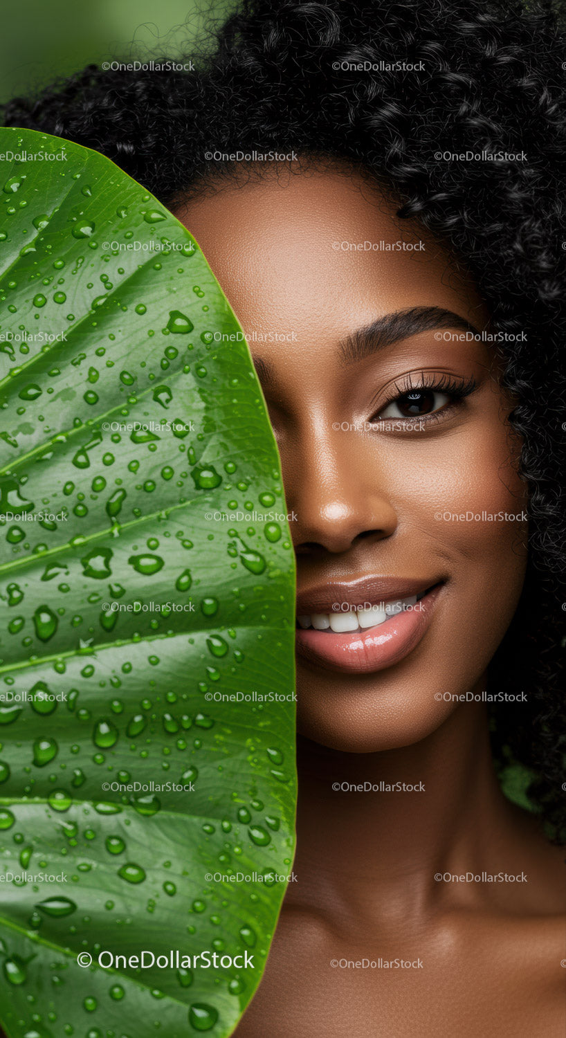 Portrait of a Smiling Woman with Curly Black Hair and Tropical Green Leaf