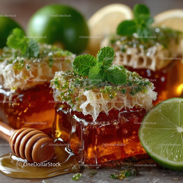 Delicious Honeycomb with Fresh Lime and Mint Leaves Stock Photo Bundle (32 JPG Files)