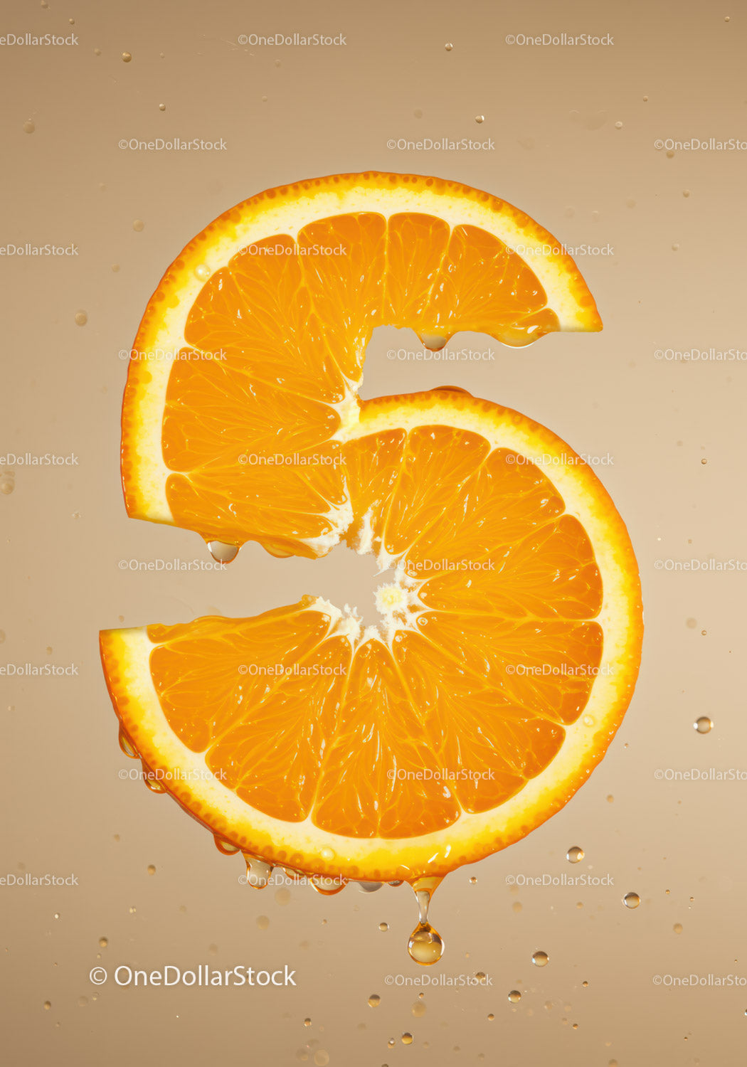 Fresh orange slice shaped like number five in water