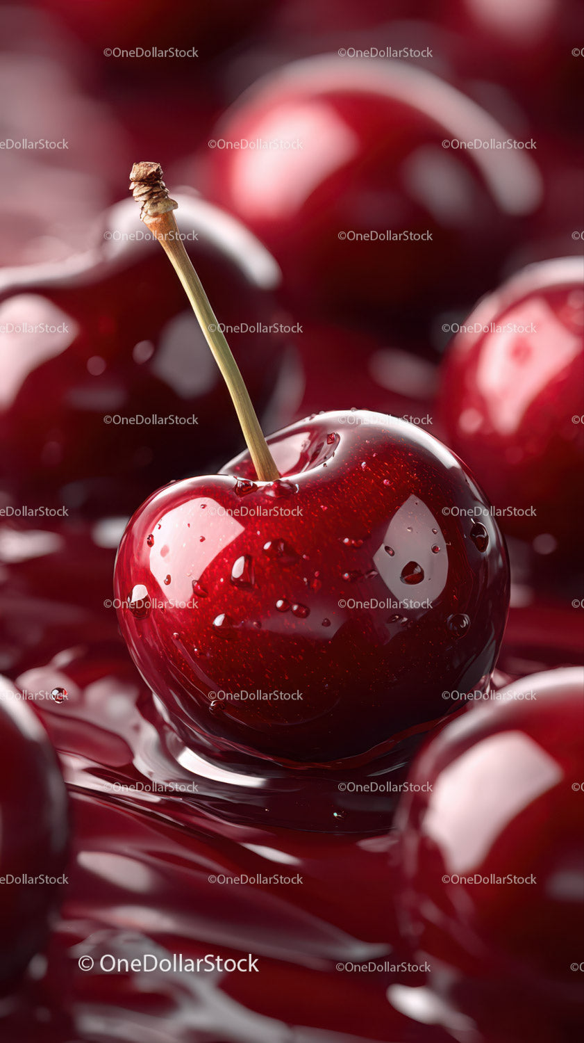 Close-up of Ripe Red Cherry with Water Droplets on Surfaces