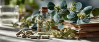 Herbal Medicine Bottle with Capsules and Eucalyptus Leaves in Natural Setting