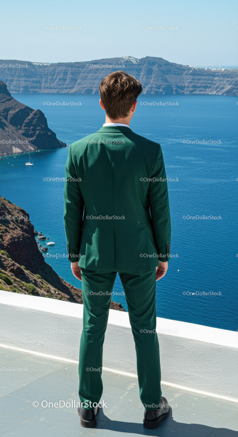 Man in Green Suit Overlooking Blue Ocean Cliffs