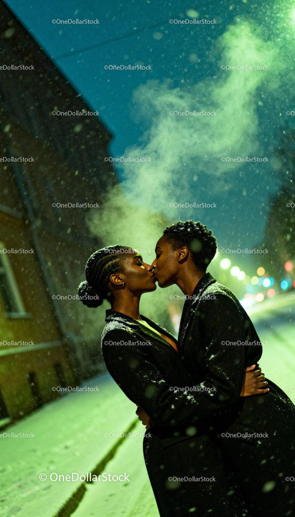Couple sharing a tender kiss in snowy night street