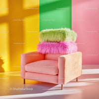 Bright Pink Armchair with Lime Green Cushion and Yellow Ottoman in Modern Living Room