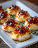 Gourmet Crostini with Cheese and Red Pepper Jelly on Rustic Platter