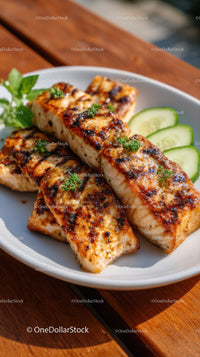 Grilled Fish Fillets with Cucumber Slices on White Plate