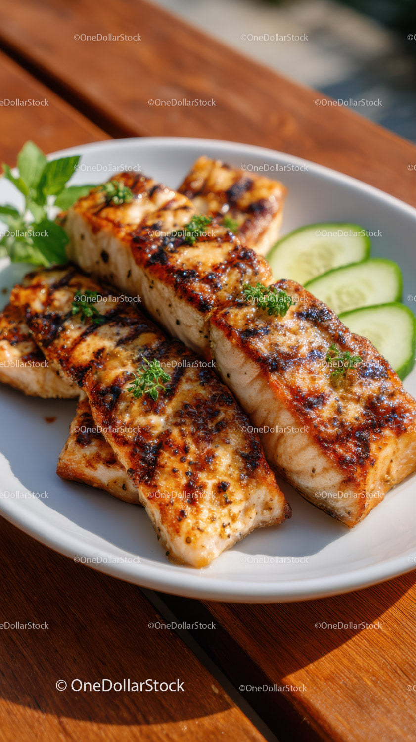 Grilled Fish Fillets with Cucumber Slices on White Plate