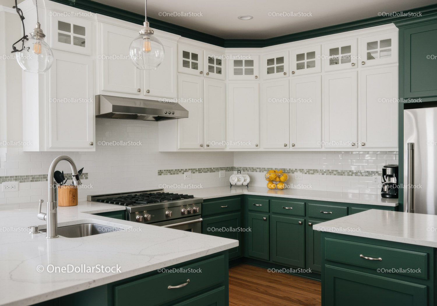 Contemporary Kitchen with White Cabinets and Green Lower Storage