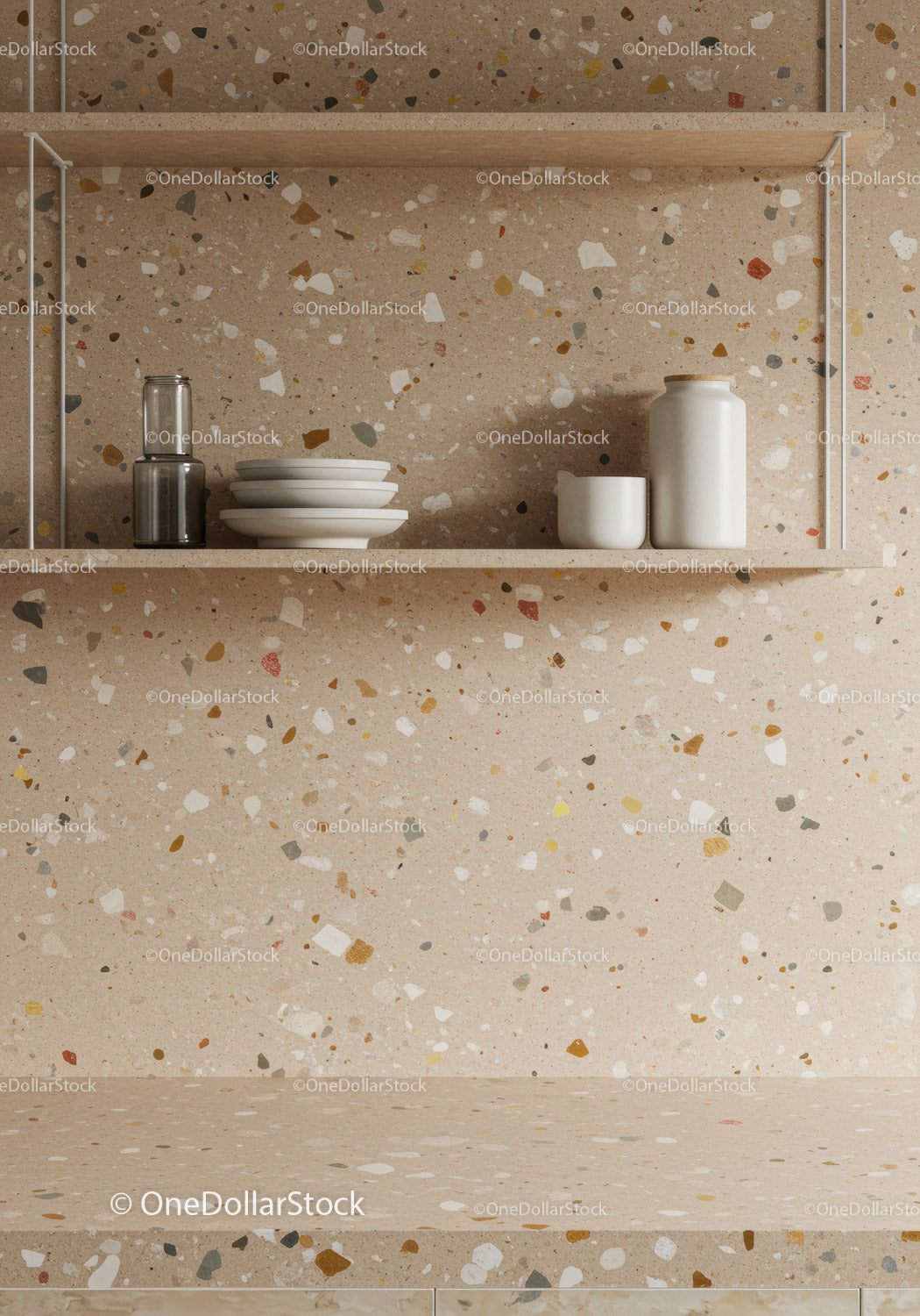 Modern Kitchen Shelf with White Ceramic Vases and Plates on Terrazzo Wall