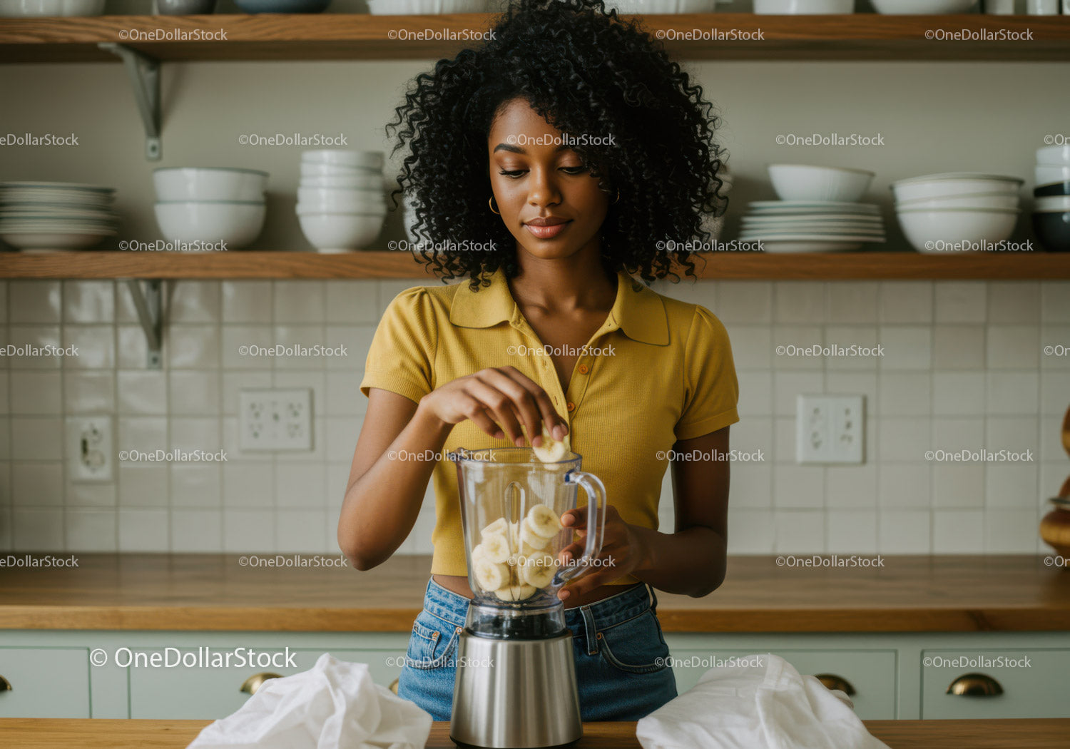 Young Woman Making Banana Smoothie in Modern Kitchen