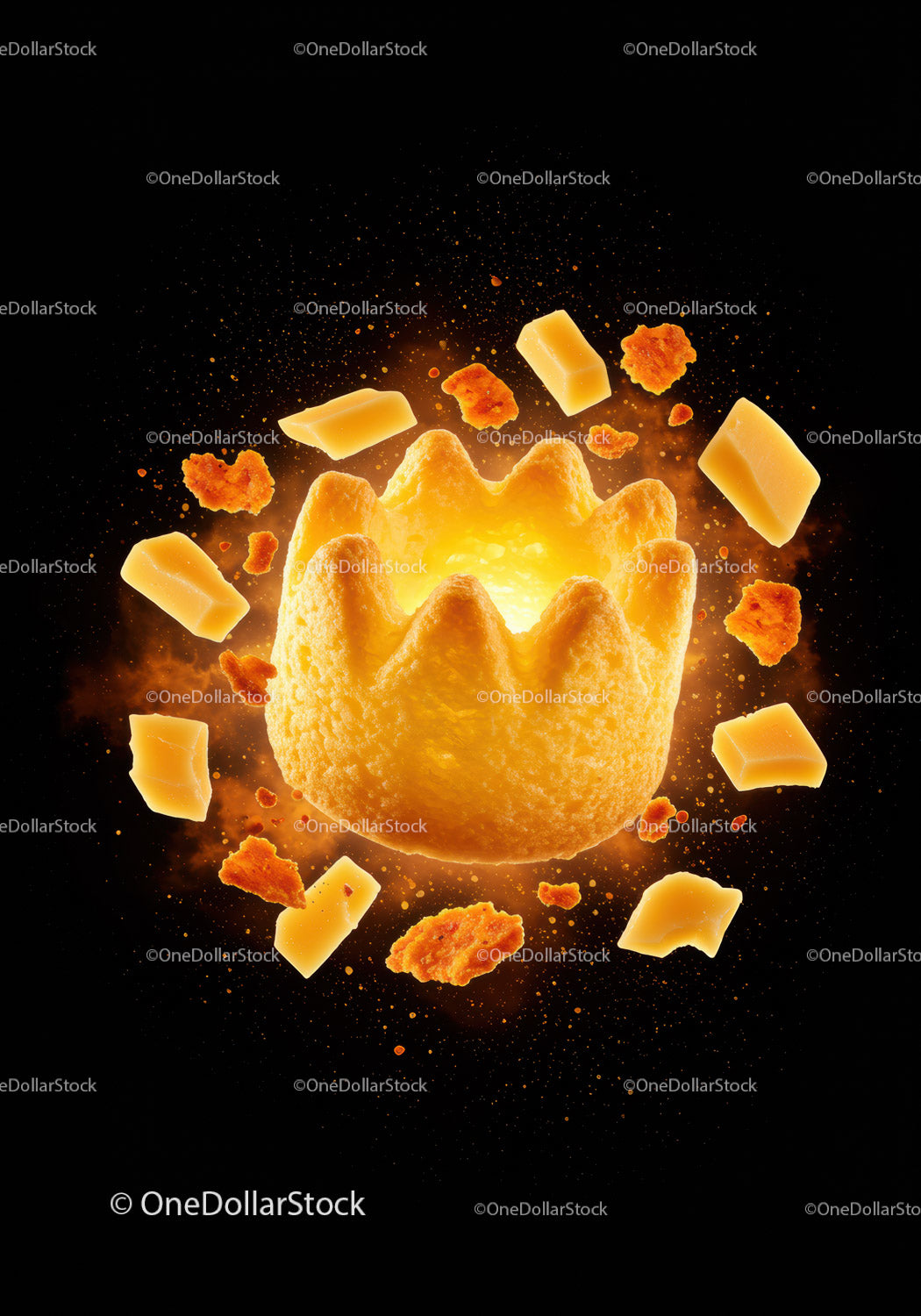 Golden crispy snack with cheese pieces floating on black