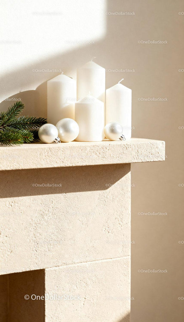 White Candles and Christmas Ornaments on Stone Mantel
