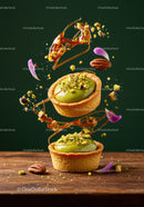 Elegant pistachio tarts with caramel and nuts in motion