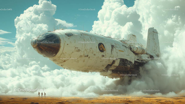 Large Futuristic Spaceship Landing On Desert