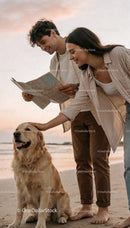 Couple Planning Beach Trip with Their Golden Retriever