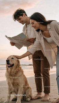 Couple Planning Beach Trip with Their Golden Retriever