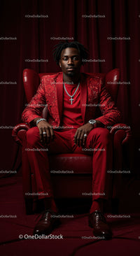 Confident Man in a Bold Red Suit Sitting Elegantly