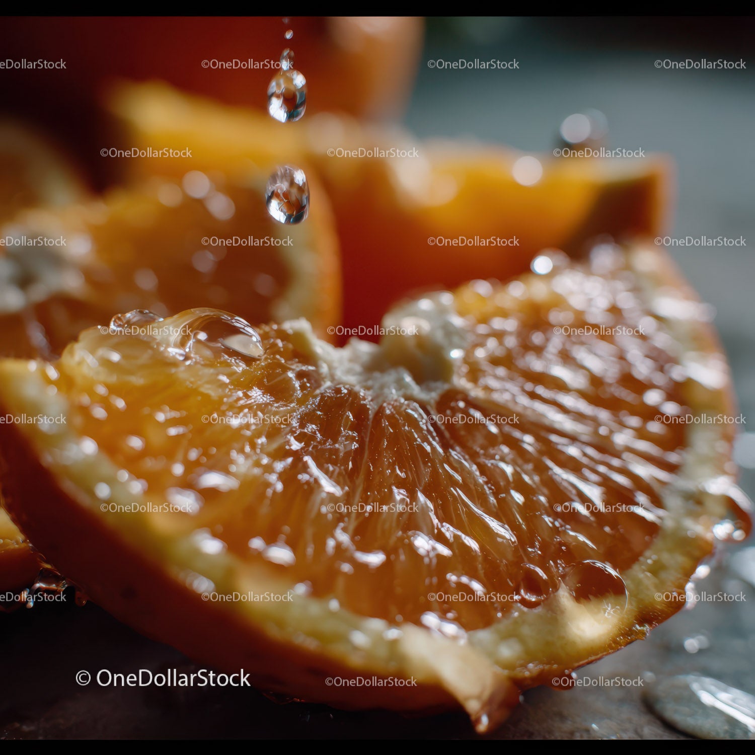 Fresh Juicy Orange Slice with Water Droplets in Close-Up